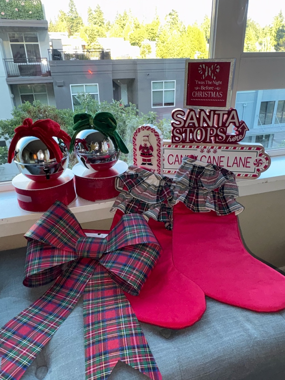 Christmas Mantel Decor Bundle Plaid Bow Stockings Candy Cane Lane